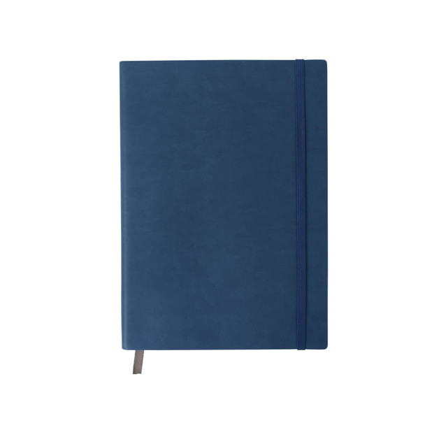 A blue B5 PU cover notebook with an elastic band and a ribbon bookmark, featuring a logo on the front.