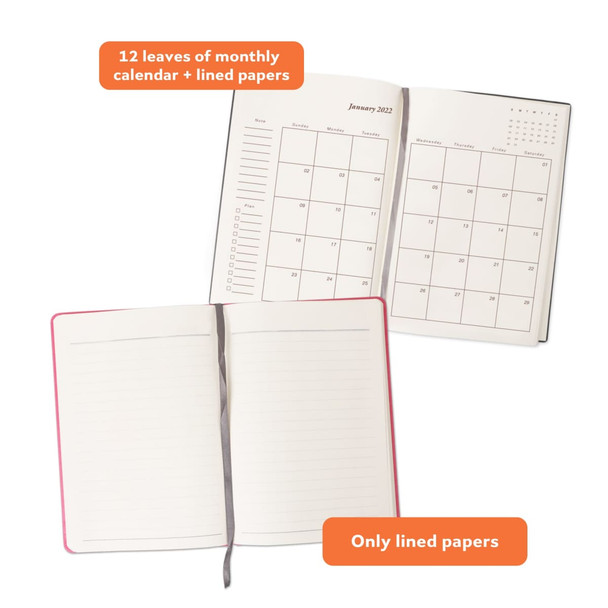 A B5 notebook with a pink PU cover, featuring monthly calendar pages and lined paper. Includes a ribbon marker.