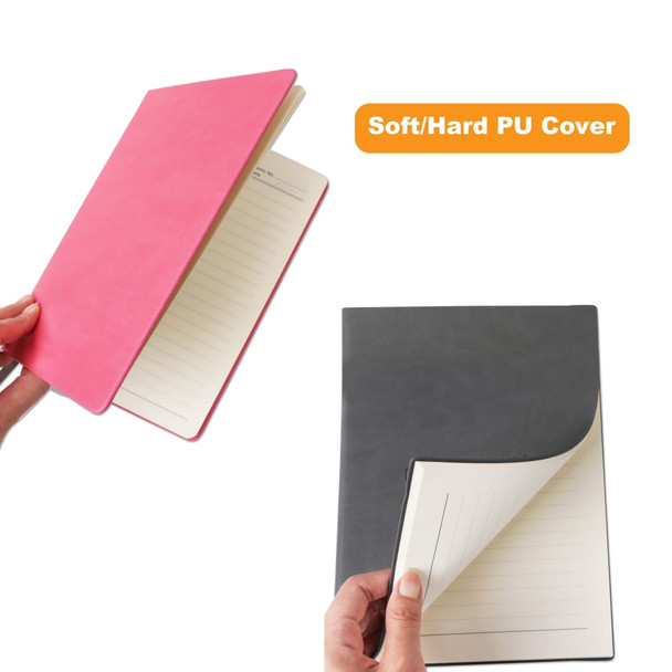 A pink and grey B5 PU cover notebook with lined pages, featuring a soft/hard cover and a logo.