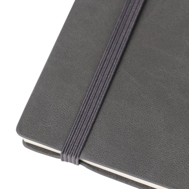 A grey PU cover notebook with an elastic band closure, featuring a textured finish.