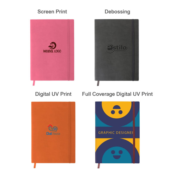 A pink and a dark grey notebook with elastic closures and various printed designs on the covers.