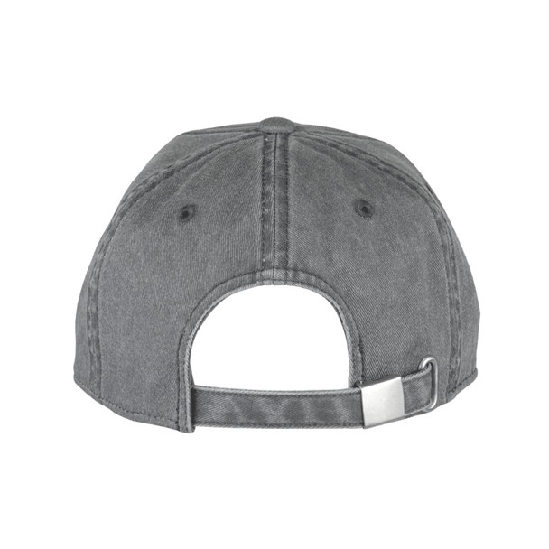 A grey organic washed cotton cap featuring a rear adjustable strap and a logo on the back.
