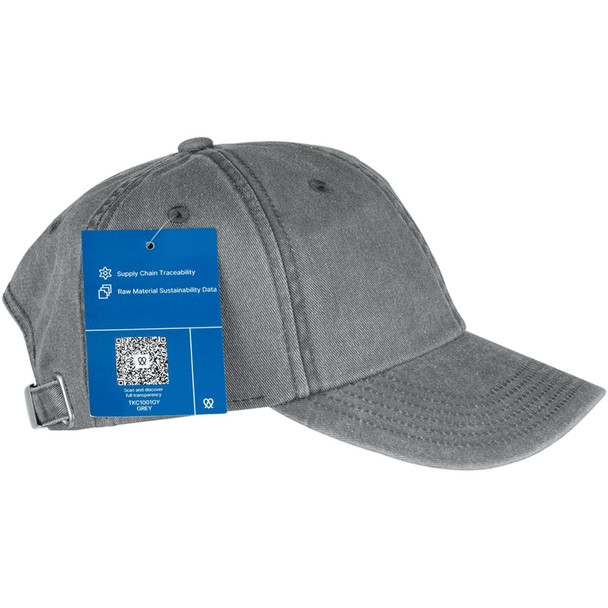 A grey organic washed cotton cap featuring an adjustable strap and a tag detailing sustainability information.