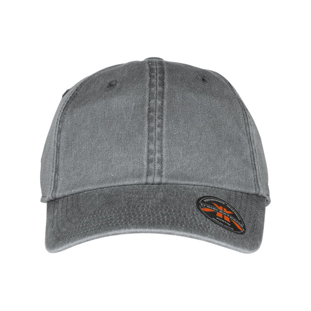 A grey organic washed cotton cap with a curved brim and a logo on the side.
