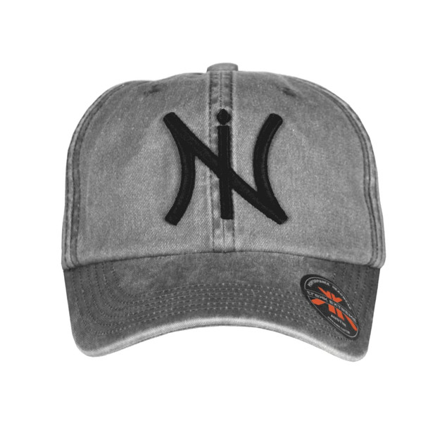 A grey organic washed cotton cap with a black logo on the front and a curved brim.