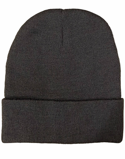 A dark grey beanie with a rolled cuff, made from rPET fabric, featuring a small logo.