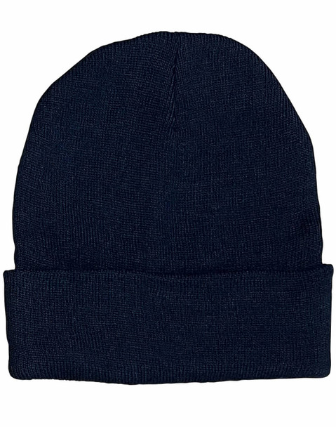 A navy beanie hat with a rolled cuff, made from rPET material, featuring a logo on the side.