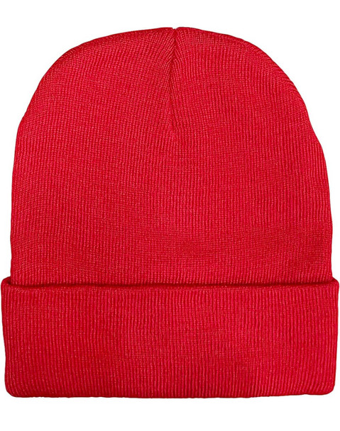 A red beanie with a ribbed texture and a rolled cuff, featuring a logo on the side.