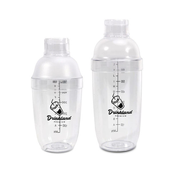 A drink bottle set featuring clear plastic shakers with a filter top and measurement markings, including a logo.