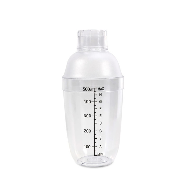A drink bottle with a clear plastic design, a filter top, and measurement markings in black.