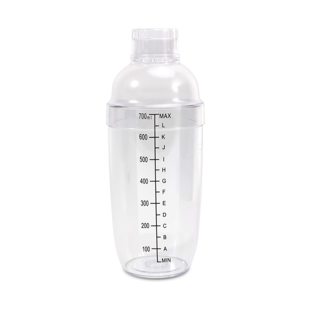 A drink bottle featuring a clear design, shaker top, and measurement markings along the side. It includes a filter top and has a logo.
