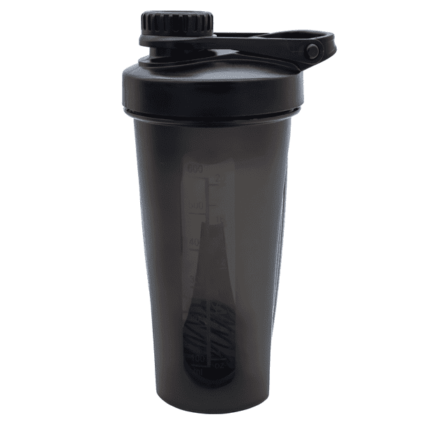 A drink bottle featuring a black shaker cup with a measuring scale and a flip-top lid. It includes a logo.