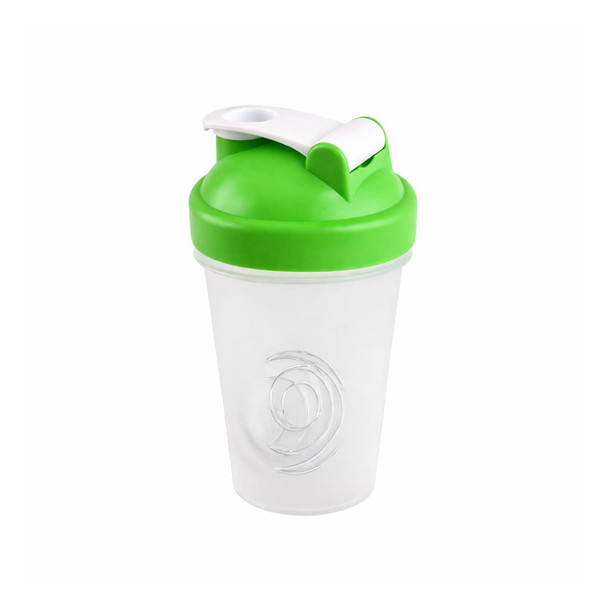 A drink bottle in clear plastic with a green lid and white flip-top cap, featuring a logo on the side.