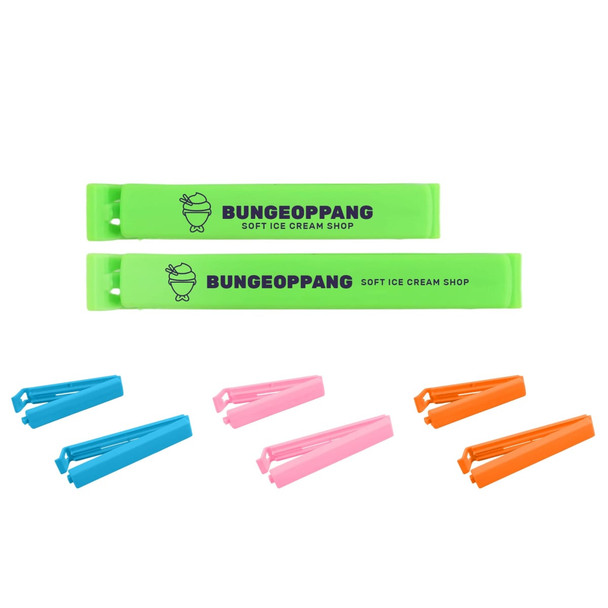 A set of medium food bag seal clips in green, pink, blue, and orange, featuring a logo.