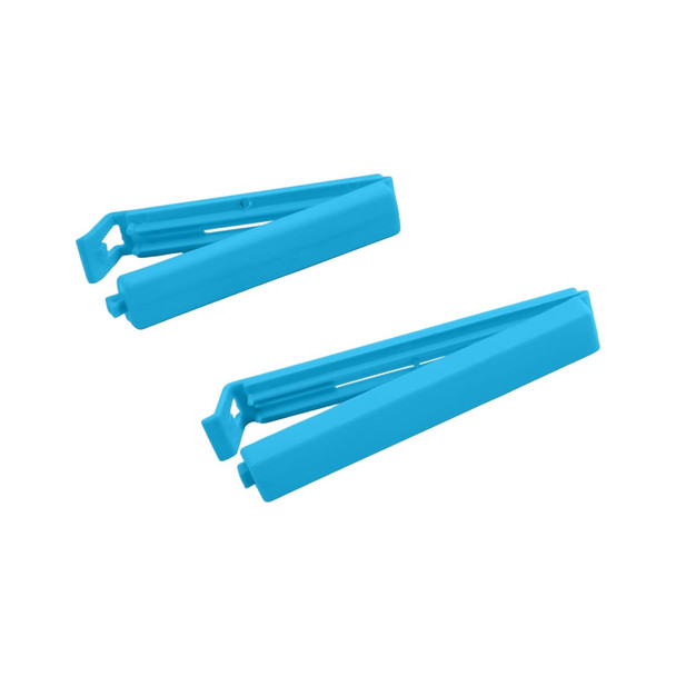 A pair of blue seal clips designed for sealing medium food bags, featuring a simple, functional design.