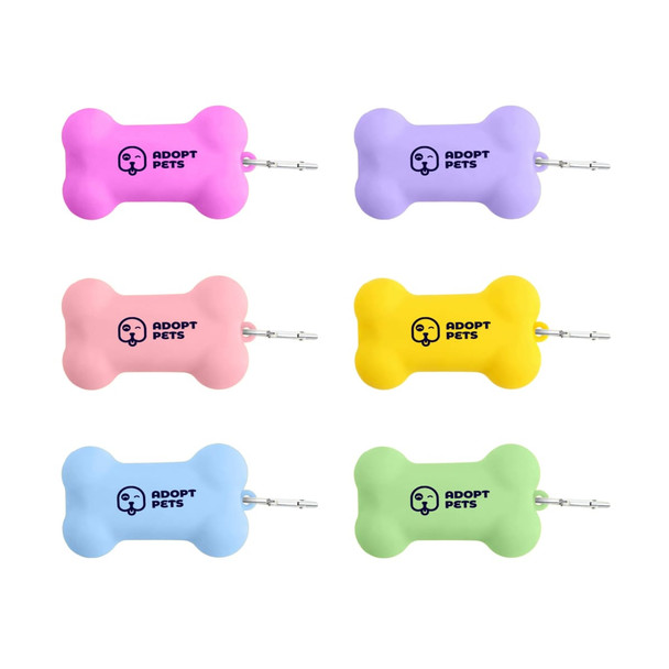 A collection of silicone bone-shaped dog poop bag dispensers in pink, purple, yellow, blue, and green, each with a logo.