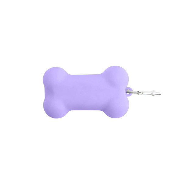 A purple silicone bone-shaped dog poop bag dispenser with a metal clip.