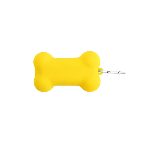 A yellow silicone bone-shaped dog poop bag dispenser with a metal clip.