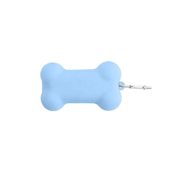 A blue silicone bone-shaped dog poop bag dispenser with a clip for attachment. Features a simple, smooth design.