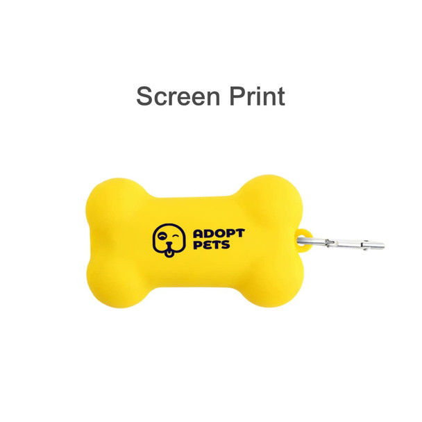 A yellow silicone bone-shaped dog poop bag dispenser with a logo.