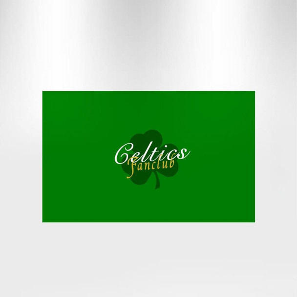 A green rectangular flag featuring a logo and text. The design includes a shamrock motif.