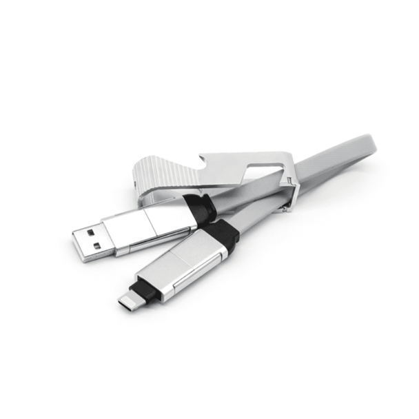 A silver 60W charging cable with a phone stand and opener, featuring a sleek design and a logo.