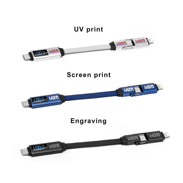 A 100W 3-In-1 aluminium charging cable in white, blue, and black featuring a digital display and logo.