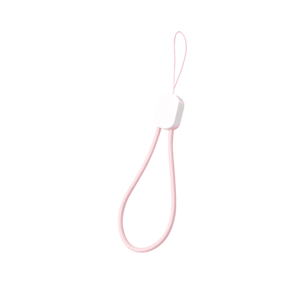 A pink phone strap with a white connector, featuring a loop for easy attachment.