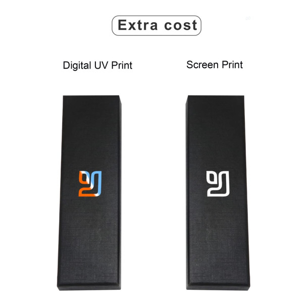 A sleek black box featuring two different printing options, with logos in blue and white.