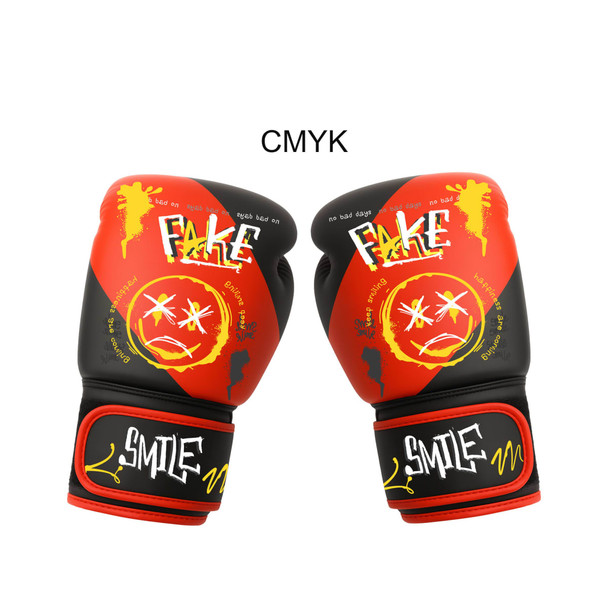 Red and black boxing gloves with unique designs and a logo. Features artistic graphics and a bold colour scheme.