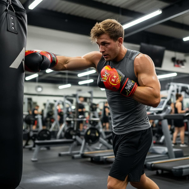 A man in a gym wearing red and black boxing gloves strikes a punching bag, showcasing athleticism and form.