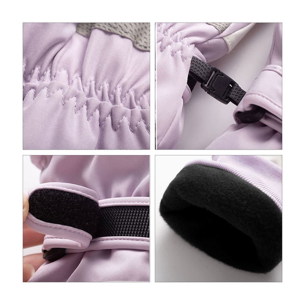 A pair of lavender ski gloves with a textured grip, adjustable strap, and soft lining at the cuff. Featuring a logo.