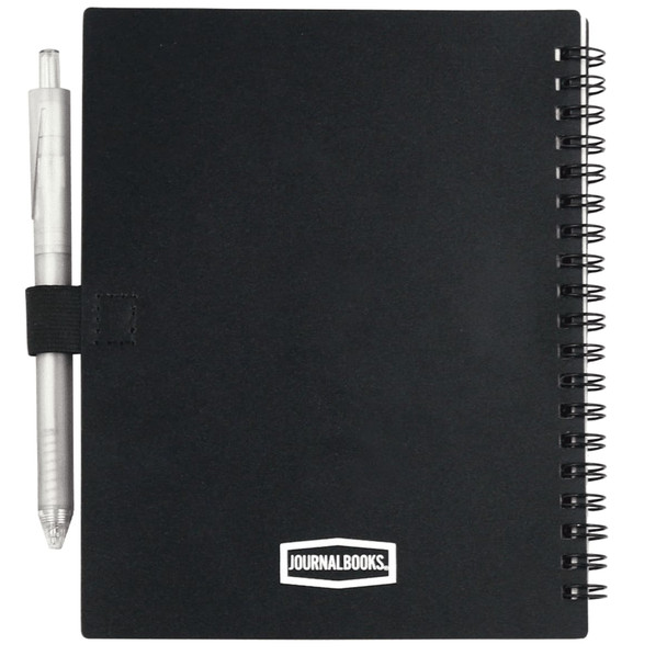 A black recycled PP journal book with a silver pen attached, featuring a spiral binding.
