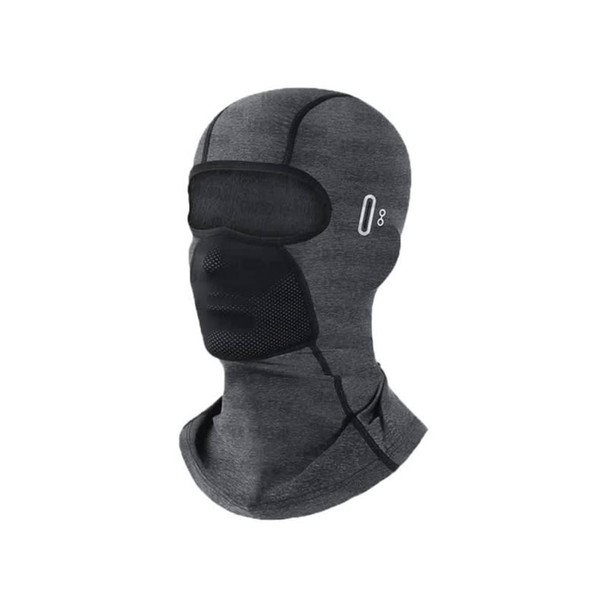 A breathable balaclava cycling face mask in grey, featuring a mesh eye area and a fitted design with a logo.