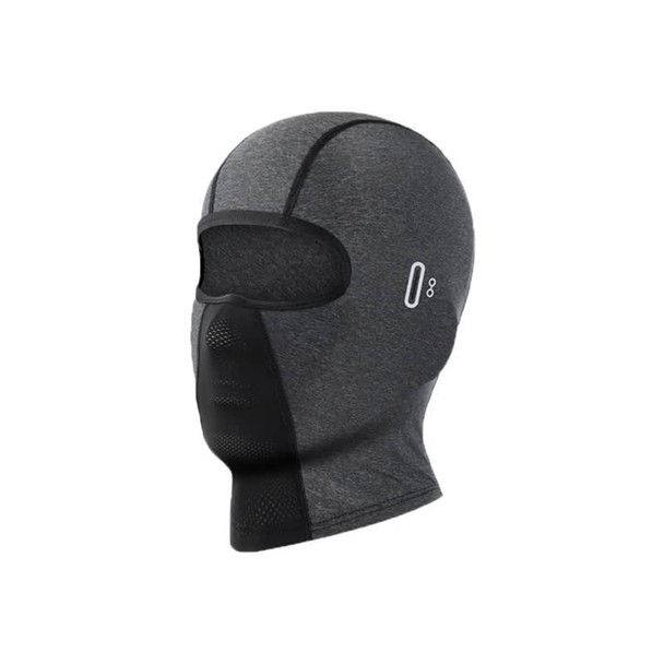 A grey breathable balaclava cycling face mask with a mesh panel and eye openings, featuring a logo.
