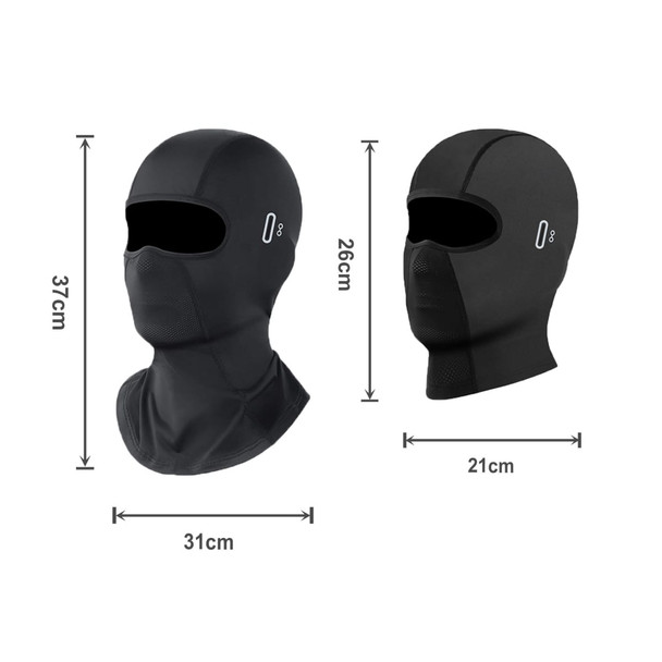 A breathable balaclava cycling face mask in black, featuring a seamless design and a logo. Measurements are included.
