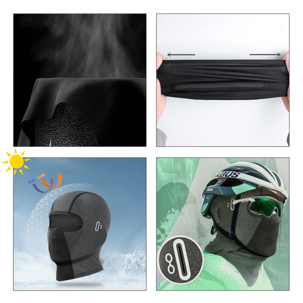 A breathable balaclava cycling face mask in black, showcasing its flexible design and various features. Includes a logo.