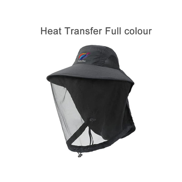 A black mosquito mesh hat with a wide brim and a mesh face shield. It features a logo on the front.