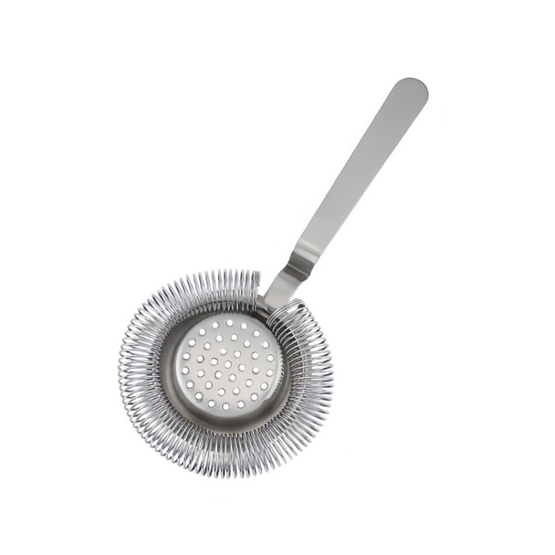 A round cocktail strainer in stainless steel featuring a long handle and fine mesh spirals for straining liquids.