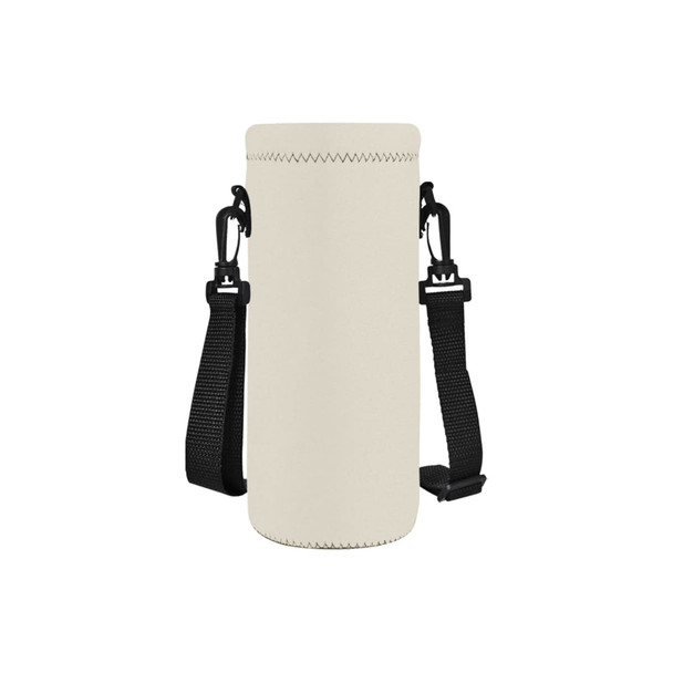 A drink bottle carrier in beige with adjustable black straps, featuring a logo on its surface.