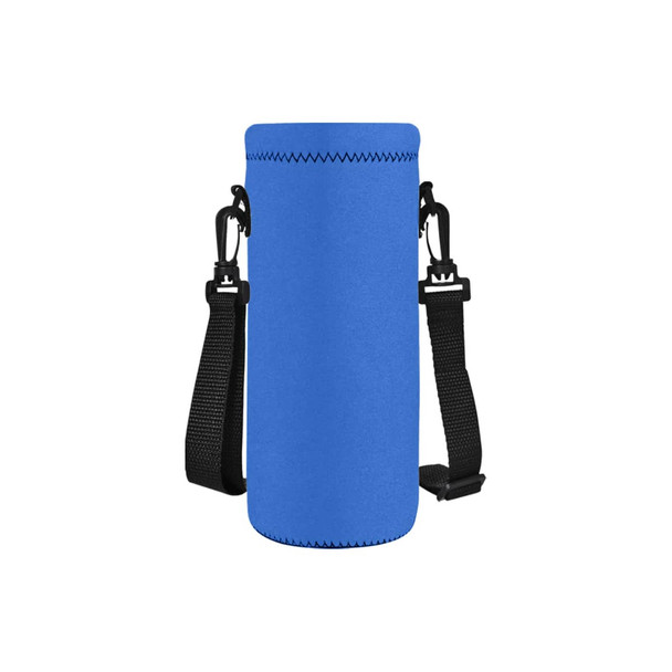 A drink bottle carrier in bright blue with black straps and clips for easy carrying. It features a logo.