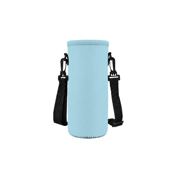 A drink bottle carrier in light blue, featuring a fabric exterior and adjustable black straps. It has a logo.