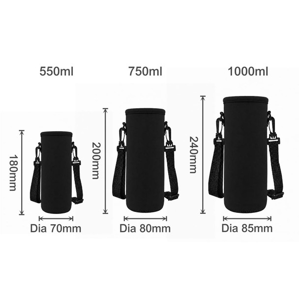 A drink bottle carrier in black, featuring different sizes and a strap for easy transport. It has a logo.