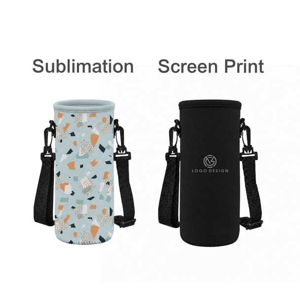 A drink bottle carrier featuring a light blue patterned design and a black version with a logo. Both have adjustable straps.
