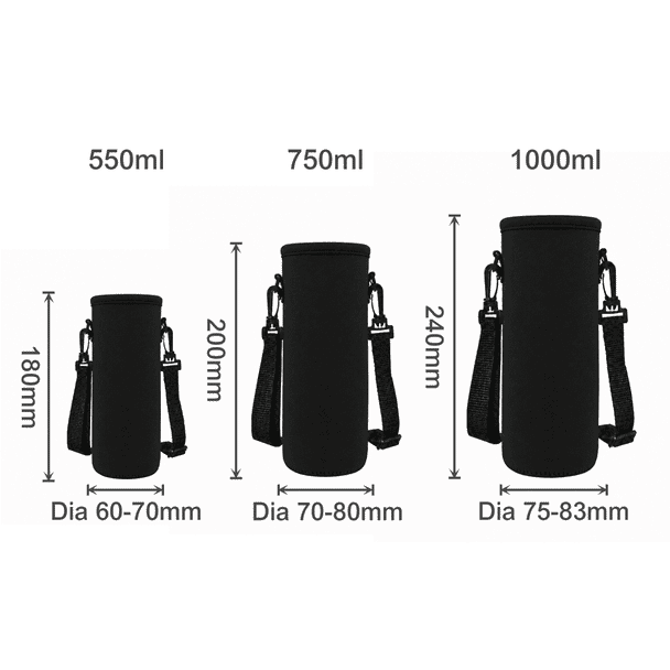 A drink bottle carrier in black, designed for various bottle sizes with adjustable straps and a logo.