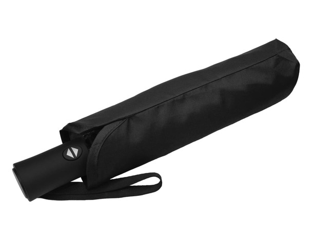 A black fold-up umbrella in its case, featuring a sleek design and a strap for carrying.