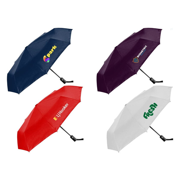 A set of four fold-up umbrellas in navy, red, burgundy, and white, each featuring a logo.