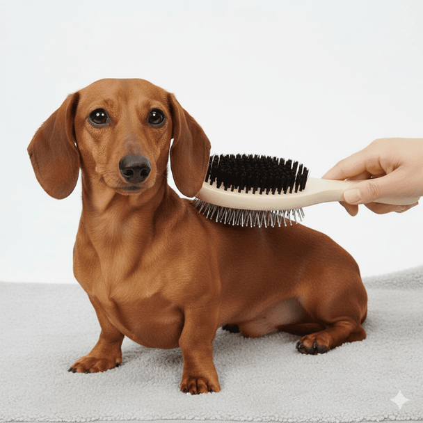 mini dachshund being brushed