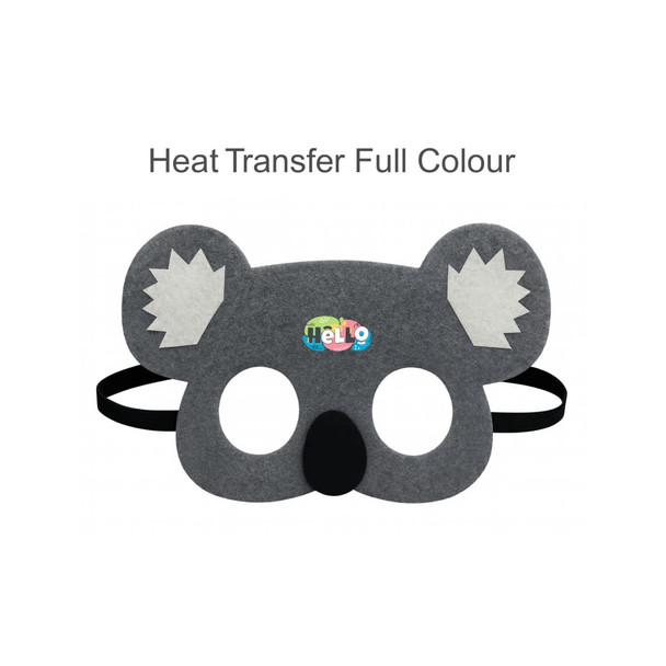 A grey koala felt mask with white ears and cut-out eyes, featuring a colourful logo.