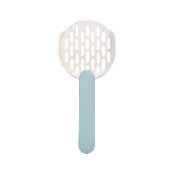 A cat litter scoop with a white head and a light blue handle, featuring a slotted design for easy scooping.